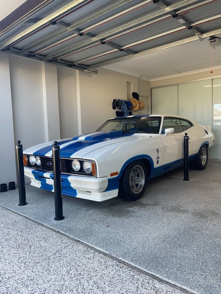 90mm removable bollards protecting a Ford Falcon Cobra in a residential garage